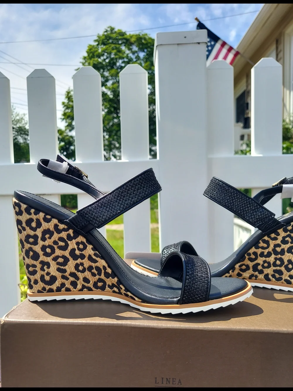 Linea Paolo Black Leopard Print Wedge Sandals Women Size 8.5 NWT Preppy Coquette